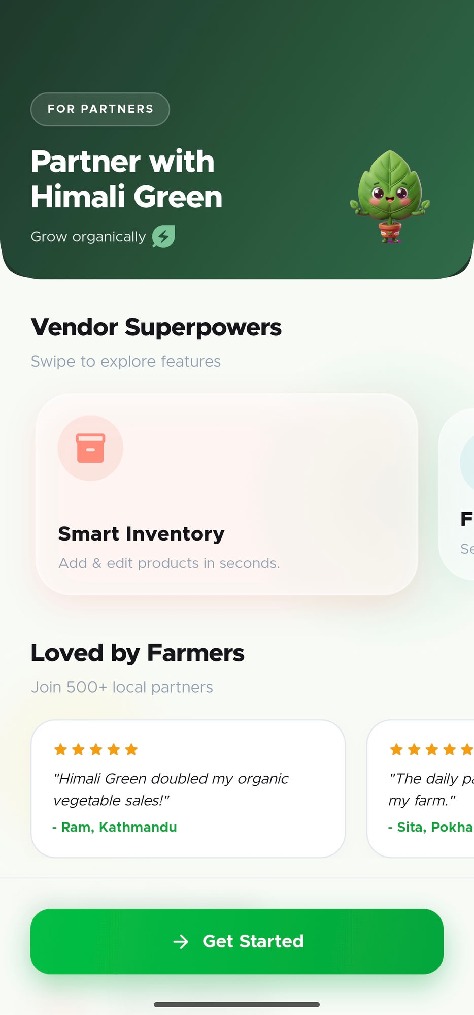 HimaliGreen Seller app onboarding screen inviting partners to grow organically
